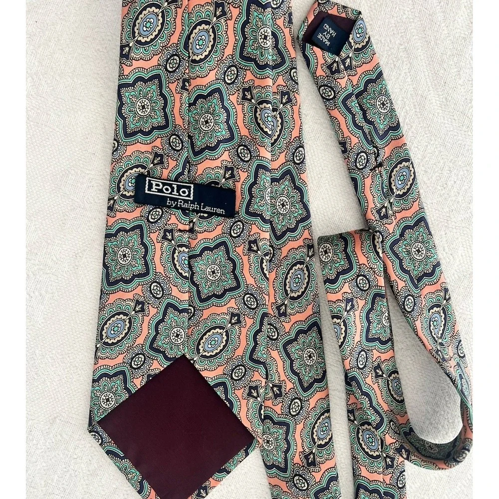 VTG POLO RALPH LAUREN 100% Silk Mens Neck Tie Pink Blue MADE IN USA 58